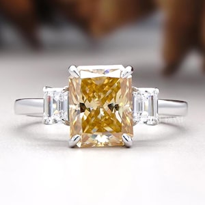 Radiant Cut Moissanite Engagement Ring, Canary Yellow Unique Three Stone Wedding Ring,Bridal Jewelry,Gift for her,Valentine Day Gift