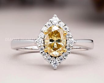 Canary Yellow Oval Moissanite Engagement Ring, 14K White Gold Vintage Wedding Anniversary Ring, Unique Handmade Jewelry, Gift for Her