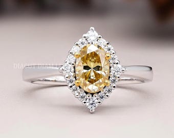 Custom Canary Yellow Oval Moissanite Engagement Ring, 14k White Gold Halo Anniversary Jewelry