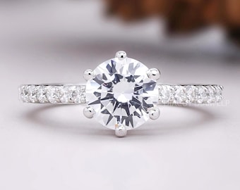 Round Cut Moissanite Engagement Ring, 14K White Gold Solitaire Ring, Pavé Diamond Band