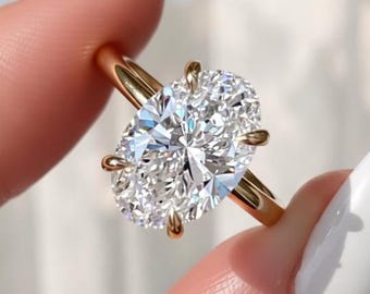 Oval Moissanite Engagement Ring, 14K Gold Hidden Halo, Vintage Bridal Jewelry