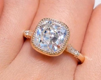 4 CT Cushion Old Mine Cut Moissanite Engagement, 14K Solid Gold Solitaire Bridal Wedding