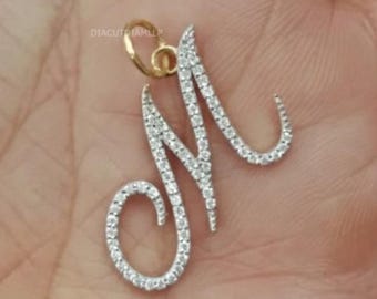 Diamond Initial Pendant, 14K Gold Alphabet Letter Charm, Pave Set Monogram Pendant