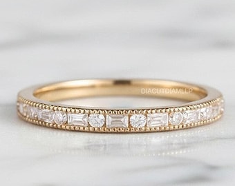 Vintage Moissaniet-trouwring, 14K gouden Milgrain Diamond Anniversary Heirloom-ring, stapelbare beloftering