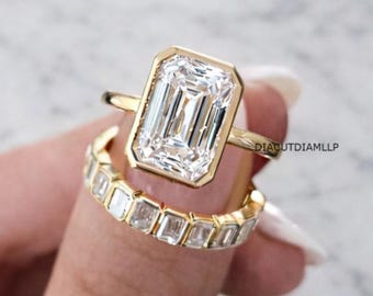 3 CT Emerald Cut Moissanite Engagement Ring Set, 14K Gold Bridal Wedding Band