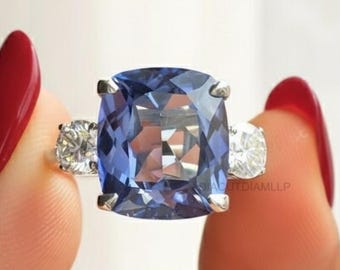Cushion Cut Blue Sapphire Three Stone Ring:14K Gold Side Round Vintage Anniversary Gift