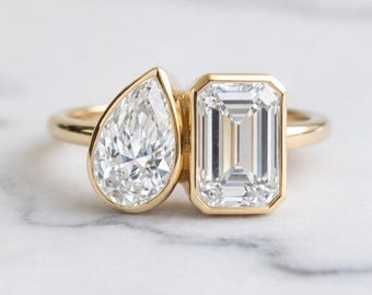 Toi et Moi Moissanite Ring, Pear & Emerald Cut, 14K Gold Double Stone Engagement Ring