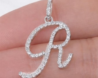 Diamond Initial Pendant, 14k Gold Diamond Initial R Pendant,Cursive Alphabet Charm Pendant, Unisex Personalized Valentine’s Day Gift