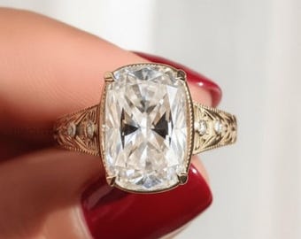 4 CT Elongated Cushion Moissanite Ring, 14K Gold Antique Filigree Bridal Jewelry