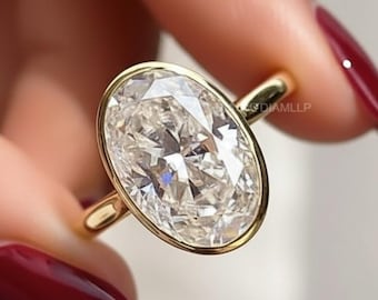 3 Ct Oval Moissanite Bezel Set Engagement Ring, Modern Solitaire Anniversary Gift