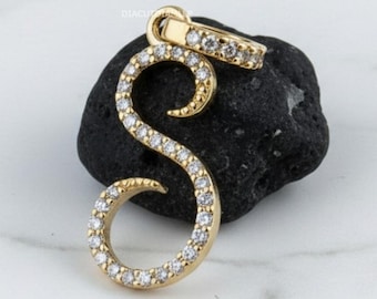 14k Gold Diamond Initial S Pendant, Cursive Alphabet Charm, Miossanite Pave Set