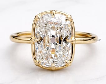 5 CT Old Mine Cut Cushion Moissanite Engagement Ring, 14K Gold Bezel Bridal Ring