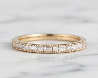 Vintage Moissanite Wedding Band, 14K Gold Milgrain Diamond Anniversary Heirloom Ring, Stackable Promise Ring