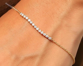 Minimalist Diamond Bridal Wedding Bracelet,14K Solid Gold Diamond Bar Bracelet For Women,Stacking Line Chain Bracelet