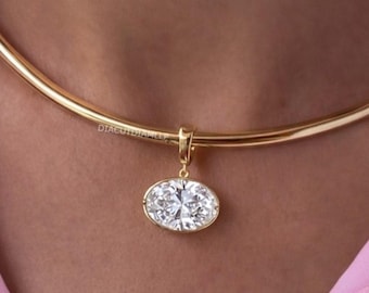 East West Oval Moissanite Bezel Set Pendant, 14K Gold Solitaire Diamond Charm Pendant For Women