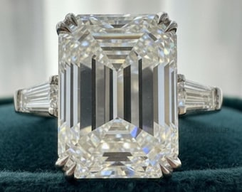 Emerald Cut Moissanite Engagement Ring, 14K Gold Baguette Three Stone Ring