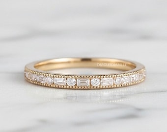 Vintage Moissanite Wedding Band, 14K Gold Milgrain Diamond Anniversary Heirloom Ring, Stackable Promise Ring