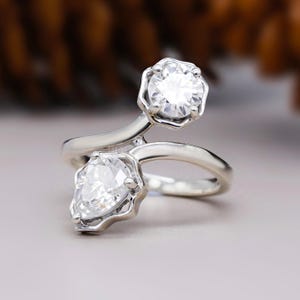 Toi et moi Moissanite engagement ring,Pear and round cut ring,14K white gold two stone promise ring,wedding jewelry,Gift for her