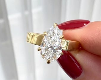 3 CT Pear Moissanite Engagement Ring, Cigar band 14K Gold Solitaire Bridal Ring