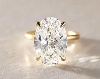 10 CT Oval Moissanite Engagement Ring, 14K Solid Gold Hidden Halo Solitaire Bridal Ring