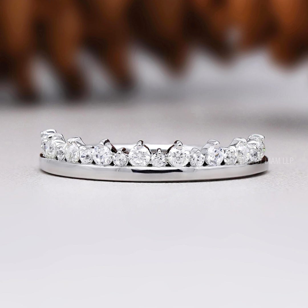 Round Cut Moissanite Wedding Band :crown Style 14K Solid Gold Half ...