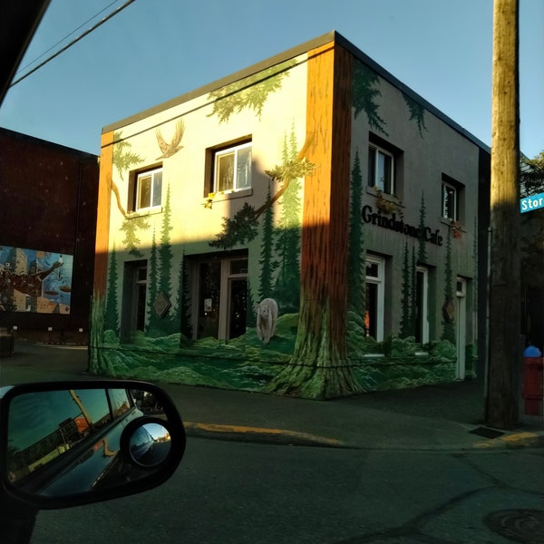 Original jpeg photo of building with mural in Victoria, B.C., taken from inside a car
