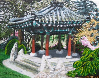 small original acrylic painting of garden pavilion