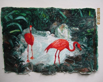 original small acrylic painting on paper of flamingos in tropical garden