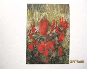 original tiny oil painting of red flowers in autumnal colours
