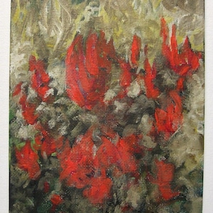 original tiny oil painting of red flowers in autumnal colours