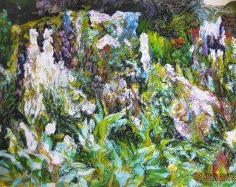 original acrylic painting of English-style flower garden with details added in oil pastel