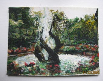 original acrylic landscape painting of dolphin fountain with detail applied in oil pastel