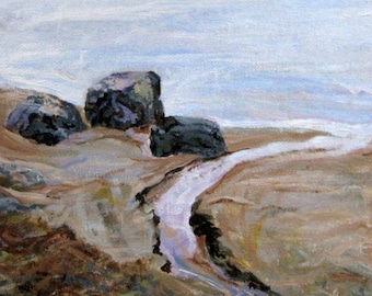 original acrylic painting of rocks by the seashore