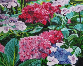 original acrylic painting of hydrangeas bright colours