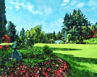 Digital jpeg image of Van Dusen garden in Vancouver, B.C., digital watercolor made from photograph, downloadable landscape painting