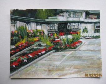 original acrylic painting of garden patio and architecture with detail in oil pastel