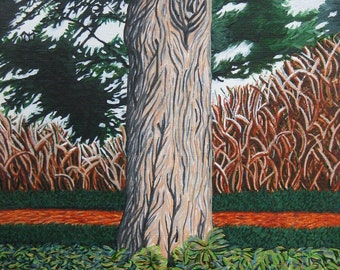 original small vertical acrylic painting of evergreen tree trunk with red earth path and bushes