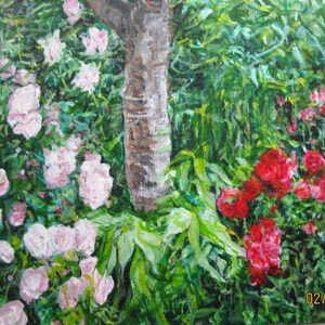 original acrylic painting of tree trunk with tangled vegetation and rose bushes