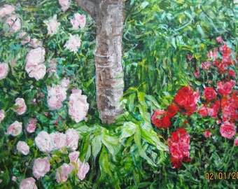 original acrylic painting of tree trunk with tangled vegetation and rose bushes