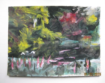 original acrylic abstract landscape painting on paper of garden dark colours