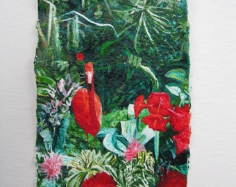 original small acrylic painting of flamingo and tropical flowers on paper bright colours