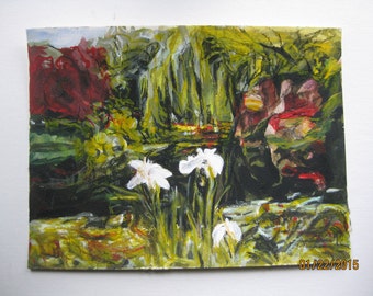 original abstract landscape painting of lake with details added in oil pastel