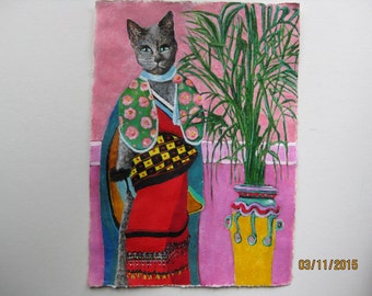 Original acrylic fantasy painting of cat-person in fancy costume pink background