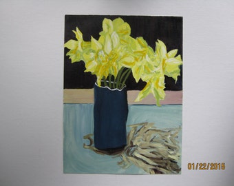 original vertical still-life acrylic painting of yellow daffodils in vase black background