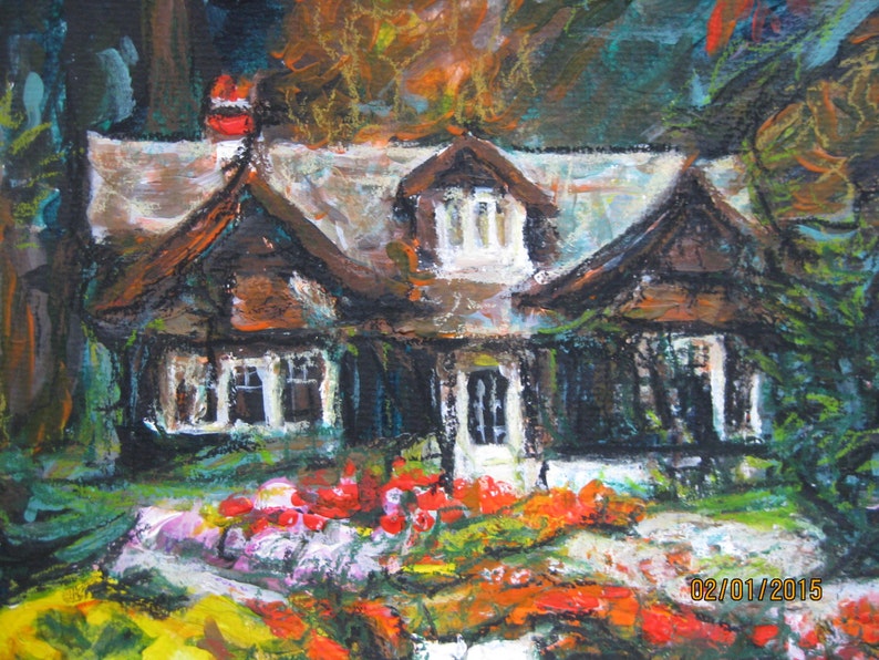 Original Acrylic and Oil Pastel Painting of a House in a Dark Forest