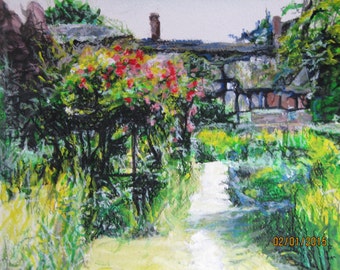 original acrylic and oil pastel painting of cottage in garden