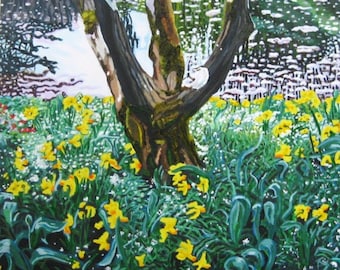 original acrylic painting of tree and daffodils with water in the background