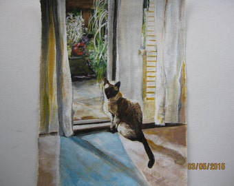 Original acrylic painting of a Siamese cat sitting beside a screen door