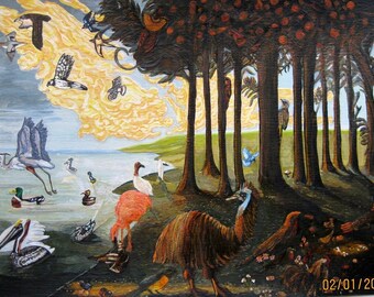 original surrealist acrylic painting of birds in a forest by the sea