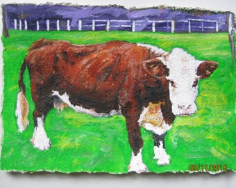 Original small acrylic painting of elderly cow in field pop art bright colours